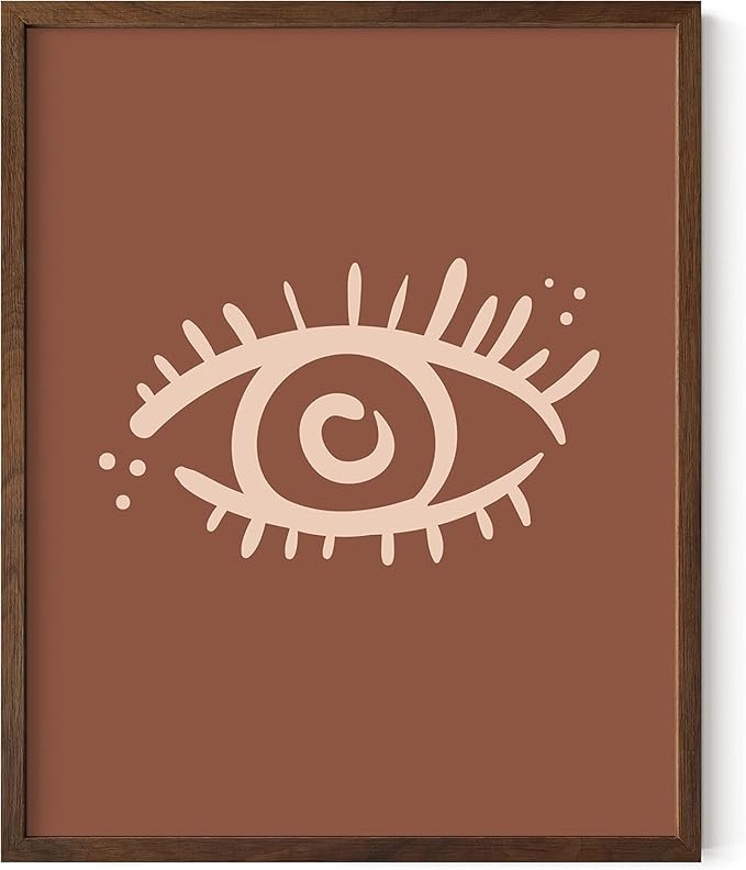 Mystical Evil Eye Wall Art Nazar Protection Symbol Earth Tones Terracotta Mid Century Modern 8x10 Inch Oak Wood Walnut Framed Boho Spiritual Decor Print for Home