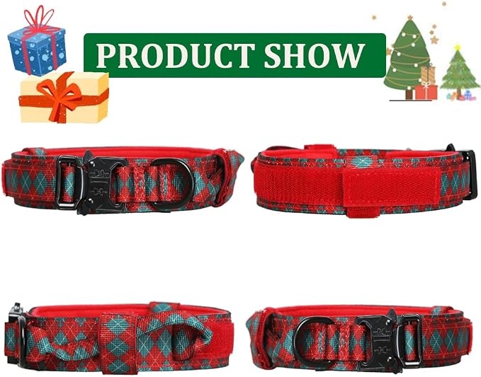 Christmas Tactical Dog Collar and Leash Set Adjustable Nylon Collar Dog Training Collar Leash Set with Control Handleand（Christmas Green S