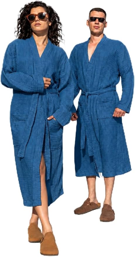 Muslin Unisex Bathrobe Women & Men, 100% Cotton Kimono Lightweight Robe | Long Robes Soft, Absorbent, Spa robes