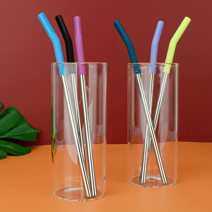 Zenbo Set of 6 Stainless Steel Reusable Metal Straws with Silicone Flex Tip Elbow,6 Steel Straws,6 Silicone Tips,1 Straw Cleaning Brush,for 30 oz and 20 oz Cups, Dishwasher Safe
