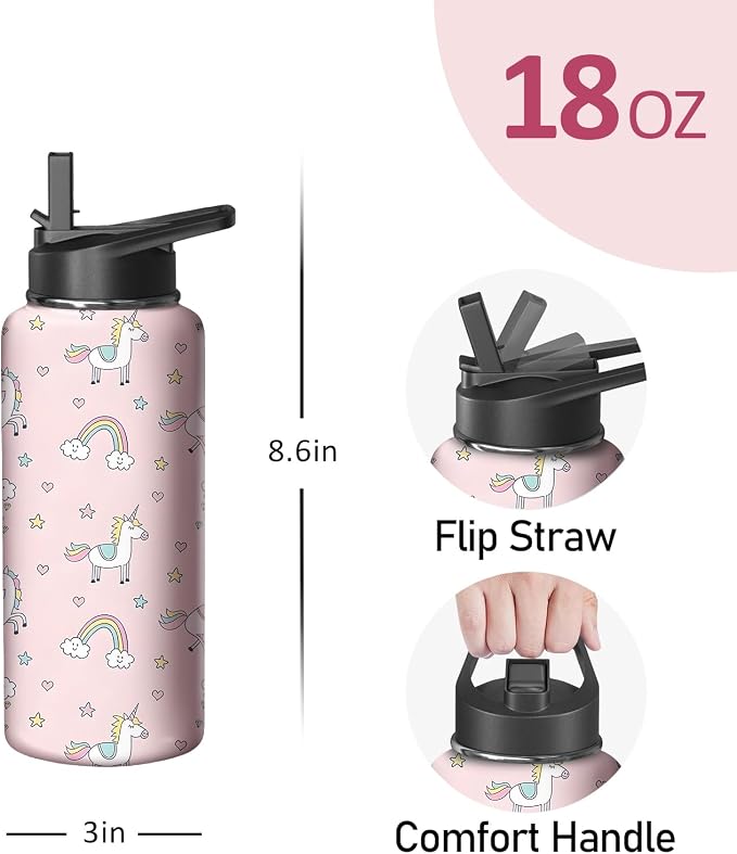 18oz Pink Unicorn Water Bottle with Handle and Flip Straw, Animal Sports Stainless Steel Insulated Cup Travel Coffee Mug Tumbler, Birthday Mothers Day Chritmas Gifts for Women