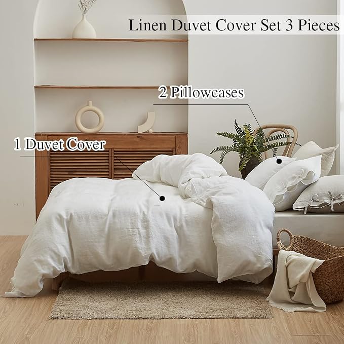 Simple&Opulence 100% Linen Duvet Cover Set 3pcs with Bowknot Ties Closure Natural French Washed Flax Solid Color Soft Breathable Farmhouse Bedding - White, King Size