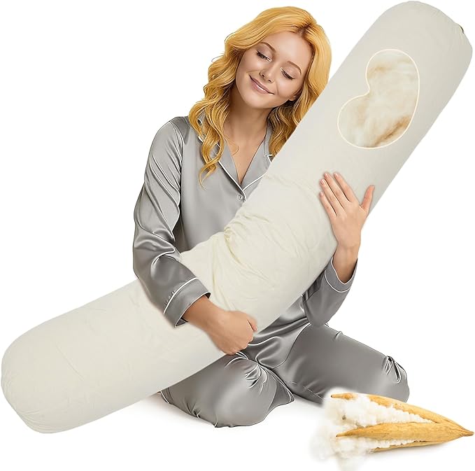 Leinuosen Organic Kapok Full Body Pillow 54" x 9" Long Tube Roll Bolster for Adults, Adjustable Height Firm Support for Side Sleeping, Pregnant Women, Kapok Filling