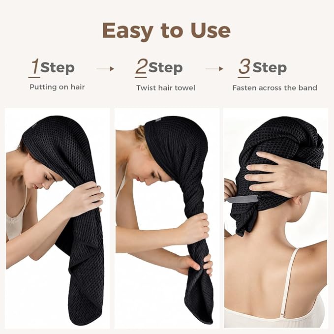 HOMEXCEL Large Microfiber Hair Towels 2 Pack, Waffle Weave Black Hair Towels - 40 x 26.5 inches Fast Drying Turbans for Long, Thick, Curly Hair - Anti Frizz Wrap with Elastic Strap