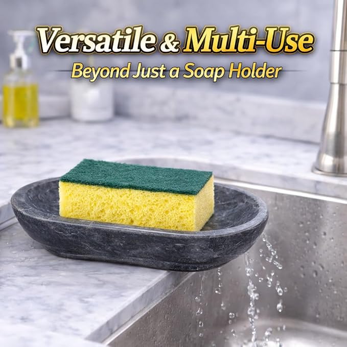 Luxury Hand Carved Natural Charcoal Marble Soap Dish, 3.8 x 5.8 x 0.9 H Inch