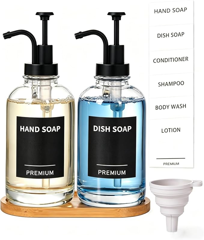 Dish Soap Dispenser for Kitchen, Hand Glass Soap Dispenser Set with Pump, Tray, Funnel for Bathroom, Shower, Laundry, Liquid, Lotion (Black 2 Pack 18 Oz Clear Bottles with 12 Stickers)