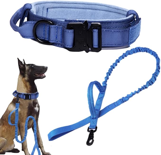 Tactical Dog Collar and Leash Set Adjustable Military Nylon Dog Collar with Control Handle and Heavy Duty Metal Buckle for Large Dogs（Dark Blue M