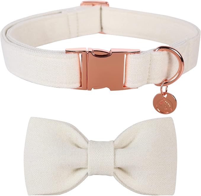 DOGWONG Cotton Dog Collar with Bow, White Pet Collar Wedding Dog Collar Durable Adjustable Dog Collars for Small Medium Large Dogs