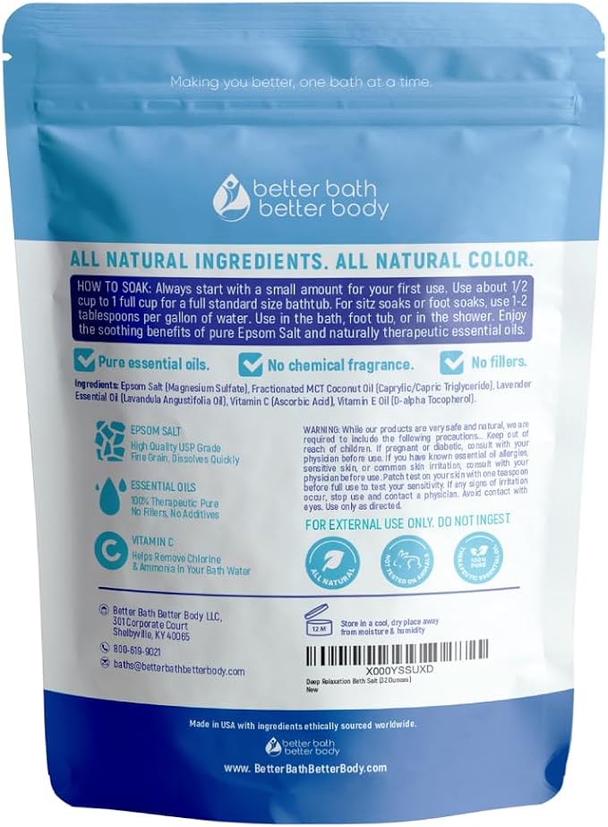 Deep Relaxation Bath Salt 32 Ounces Epsom Salt with Natural Lavender Essential Oil Plus Vitamin C in BPA Free Pouch with Easy Press-Lock Seal