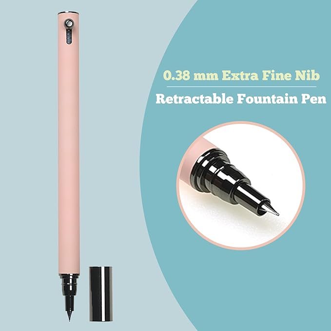 Retractable Fountain Pen – 0.38 mm Extra Fine Nib Fountain Pen, Smooth Fancy Pens with Converter, 6 Ink Cartridges & Gift Pouch for Writing (Pink)