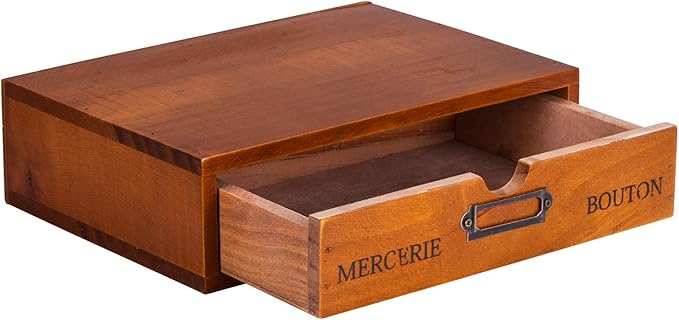 Wooden Single Drawer Unit - Solid Wood Monitor Stand for Desktop Organization and Storage - Stackable Desk Organizer - Rustic Nightstand With Label Holder - Countertop Organizer