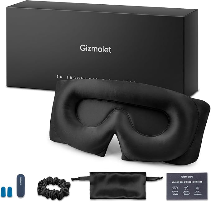 22 Momme Pure Mulberry Silk Sleep Mask, 3D Contoured Cup Eye Mask for Sleeping, Super Soft Breathable Blindfold with Adjustable Strap, Perfect Blocks Light for All Night Sleep, Black
