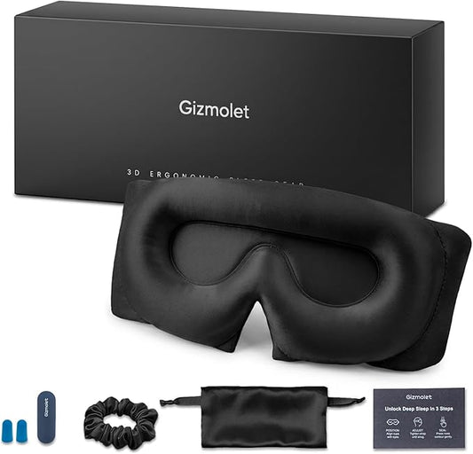 22 Momme Pure Mulberry Silk Sleep Mask, 3D Contoured Cup Eye Mask for Sleeping, Super Soft Breathable Blindfold with Adjustable Strap, Perfect Blocks Light for All Night Sleep, Black