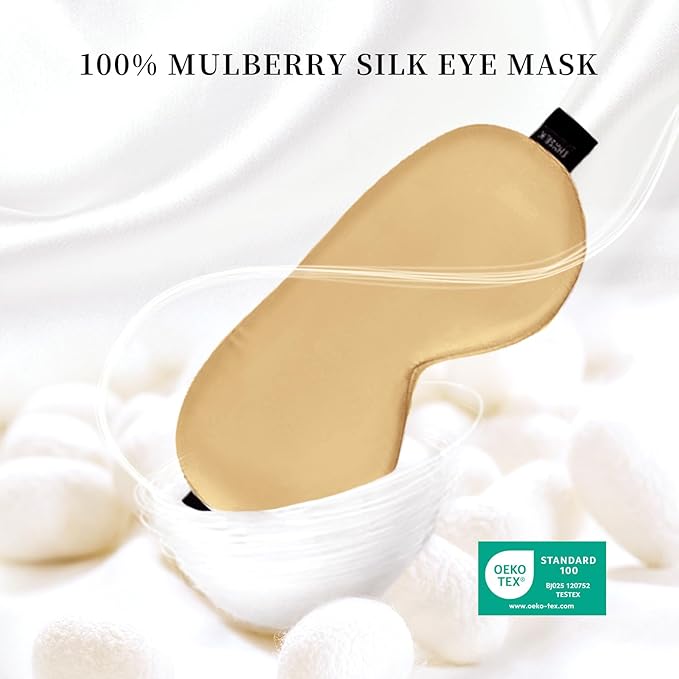 THXSILK Sleep Mask 100% 19 Momme Pure Mulberry Silk Super Smooth Cooling Sleep Eye Mask Blackout for Women/Man/Kids Eye Cover with Wide Head Strap Good Night Sleep Comfortable Travel Nap Metallic Gold