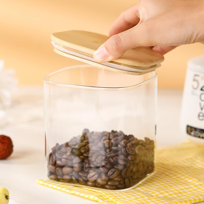 4-Pack Square Glass Containers with Bamboo Lids, 24 fl oz Candy Jars | 24 fl oz/720 ml Airtight Canister Set, Clean & Elegant Storage Jars for Candy, Coffee, Tea, Sugar, Flour, Cookies, Spices