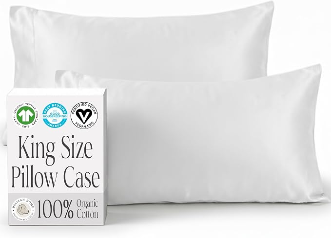 Delilah Home 100% Organic Cotton King Pillow Case, GOTS & Vegan.org Verified, Long Stem 300 TC Sateen Bedding, Non-Synthetic, Deep Pocket Fitted Linen, Lightweight, All-Season, 2 Pieces Set - White