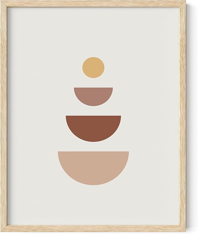 Minimalist Geometric Wall Art Stacked Semi-Circle Shapes Earth Tones Terracotta Brown Mid Century Modern 11x14 Inch Oak Wood Beige Framed Abstract Print for Office