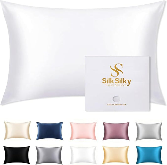 SilkSilky 100% Mulberry Silk Pillowcase - Pure 22 Momme High-Grade 6A Fibers for Hair & Skin, Hidden Zipper, Natural, Organic, Breathable & Cooling Pillow Case (Standard 20''x26'', White)