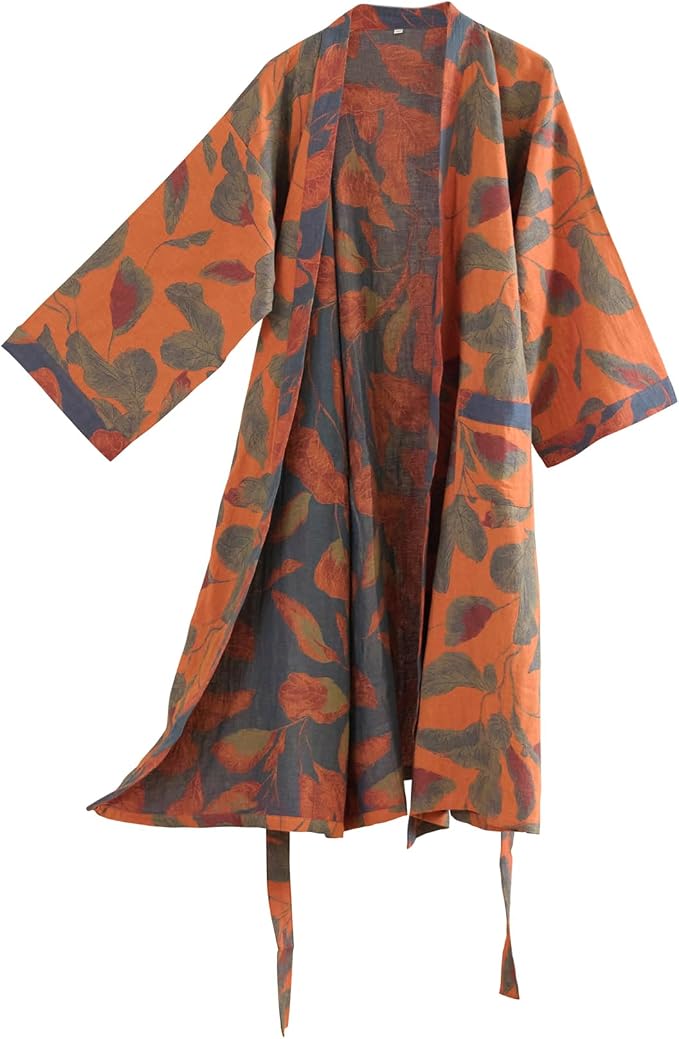 100% Cotton Gauze Ginkgo Leaf Kimono Robe, Long Knit Loose Bathrobe Nightgown Ladies Loungewear Sleepwear for Women