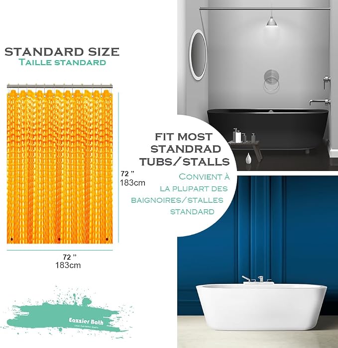 Orange 3D Crystal Plastic Shower Curtain Liner, 72x72 Inch Thin Lightweight Plastic Bathroom Shower Showroom Inner Curtain with Rustproof Metal Grommet Holes and Weighted Magnets