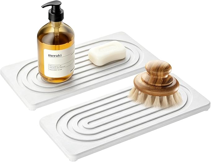 2 PCS Water Absorbing Stone Tray, Quick Drying Diatomite Sink Tray, Non-Slip Drying Mat for Bathroom Vanity & Kitchen Counter, Soap Dispenser Sponge Holder Organizer, White 8.3x4 Inch (White)