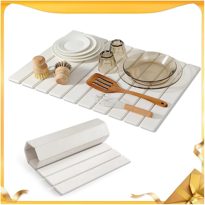 Large Stone Drying Mat for Kitchen Counter, 24×16 Inch Diatomaceous Earth Dish Drying Stone for Fast Absorbent, Collapsible Quick-Dry Draining Mat for Dishes Cookware Cups Any Countertop