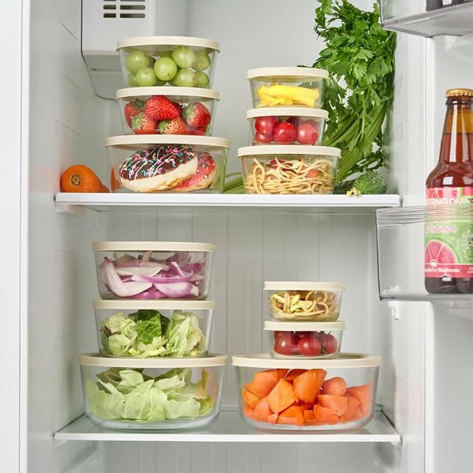 16-Piece Glass Food Storage Containers Set (8 Containers + 8 BPA-Free Lids) | 1-Cup, Leakproof | Microwave, Freezer, Oven & Dishwasher Safe | Ideal for Meal Prep & Pantry Organization, Beige