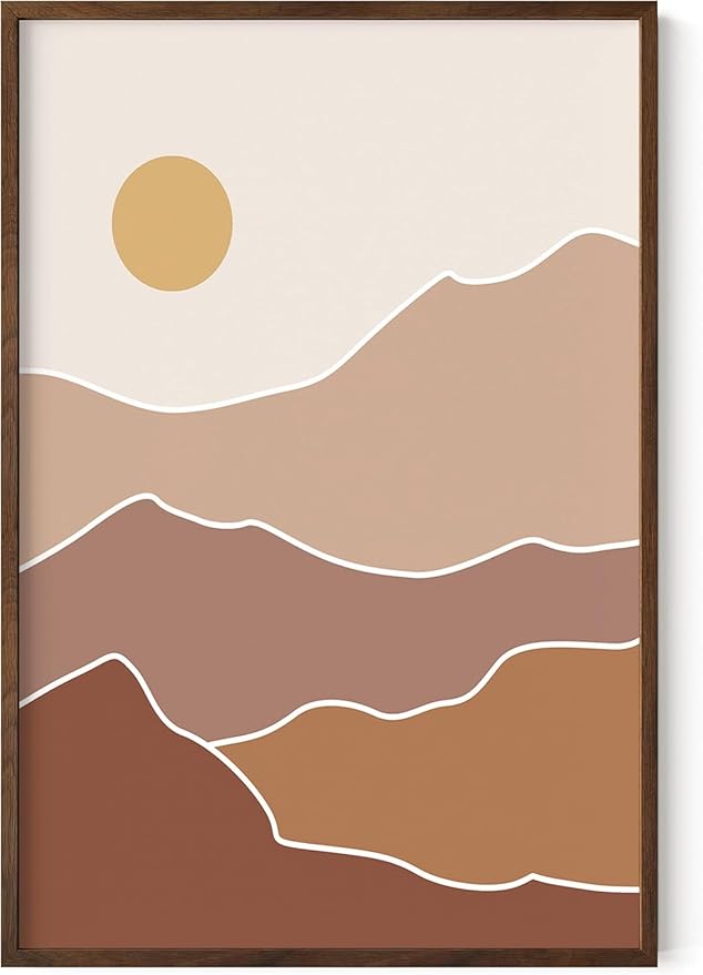 Abstract Mountain Landscape Wall Art Sun Rolling Hills Earth Tones Terracotta Mid Century Modern 24x36 Inch Oak Wood Walnut Framed Minimalist Scenery Print for Nursery Decor