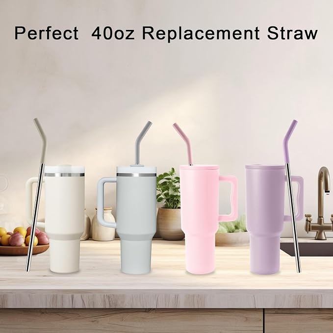 Replacement Straws for 40oz Tumblers,Metal Straws Reusable Compatible with Stanley 40oz Cup, 40 oz Tumbler Straw,4 Pack 12" Extra Long,3" Wide, Stainless Steel Straws with Silicone Tips and Brush