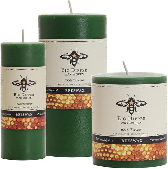 Big Dipper Wax Works Moss Green Pillar Candle, 90-Hour Long Burn, Pure Beeswax Candle, 3" x 6”