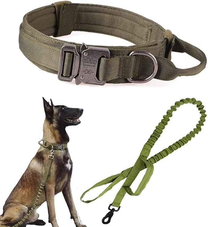 Tactical Dog Collar and Leash Set Adjustable Military Nylon Dog Collar with Control Handle and Heavy Duty Metal Buckle for Large Dogs（Green XXL