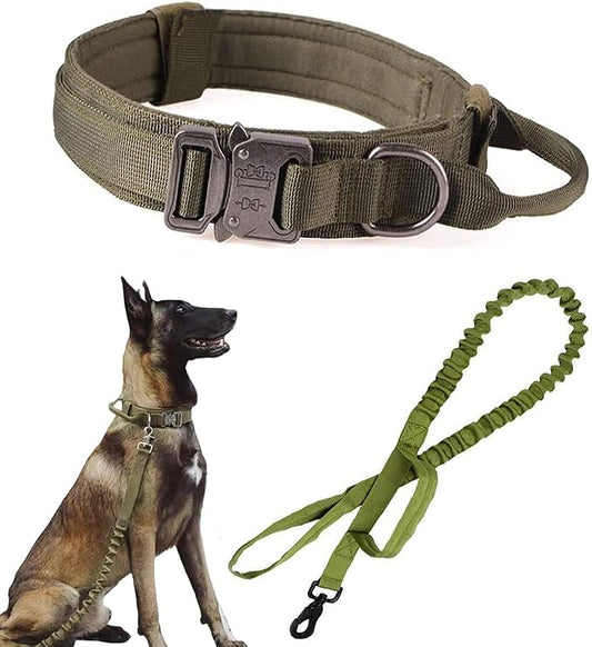 Tactical Dog Collar and Leash Set Adjustable Military Nylon Dog Collar with Control Handle and Heavy Duty Metal Buckle for Large Dogs（Green XL