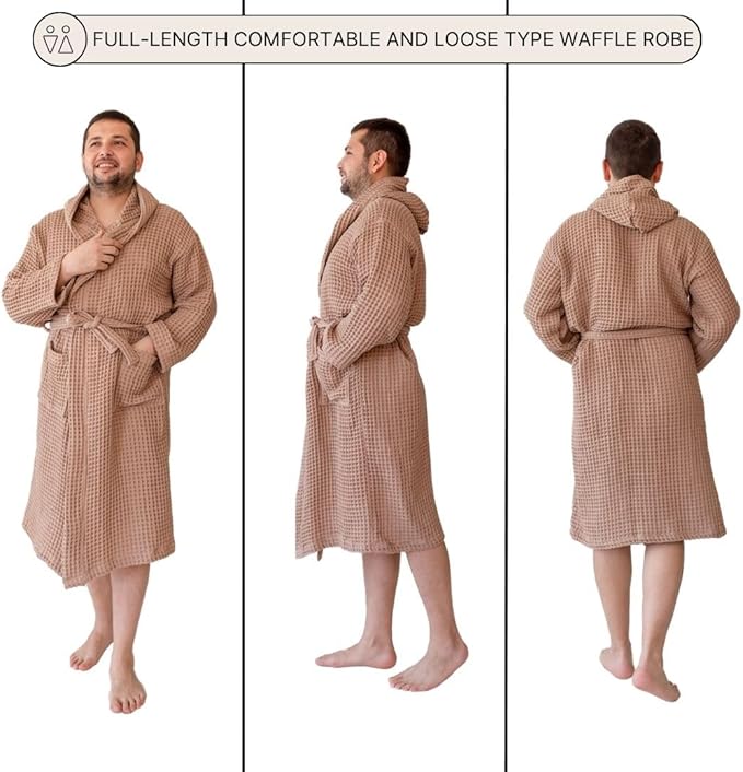 100% Turkish Cotton Men's Waffle Robe with Hooded, Premium Soft Cozy Housecoat or Quick-Dry Bathrobe for Mens