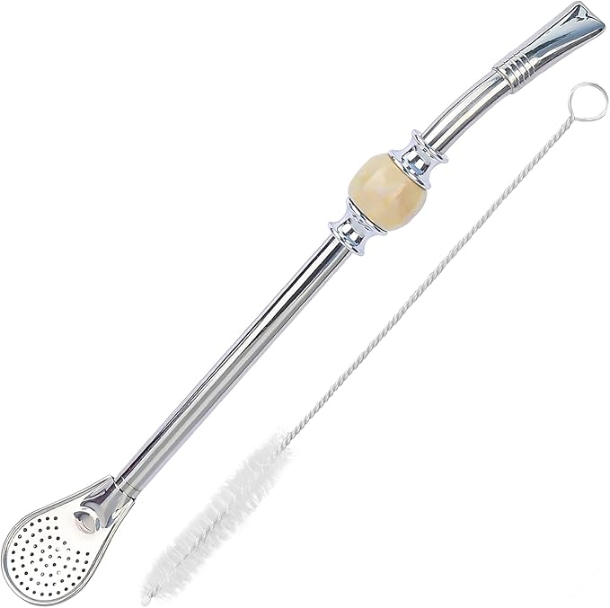 Premium Yerba Mate Straws - Reusable Stainless Steel Bombilla Straw with Colorful Beads - Set with Removable Head Filter (Light Brown)