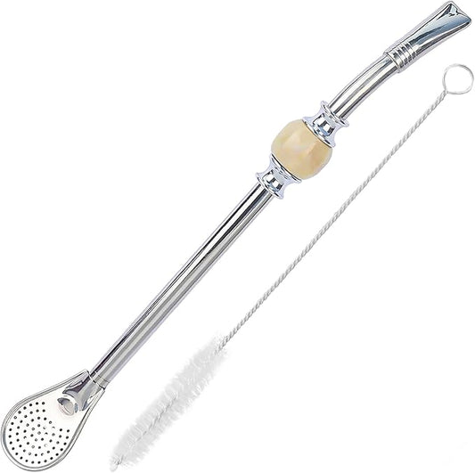 Premium Yerba Mate Straws - Reusable Stainless Steel Bombilla Straw with Colorful Beads - Set with Removable Head Filter (Light Brown)