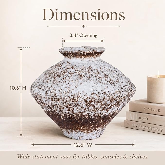 Large Wabi Sabi White Vintage Ceramic Vase, 10.6" Rustic Pottery Vase for Centerpieces, Textured Decorative Flower Vases for Table, Living Room, Bedroom, Bathroom, Kitchen, Farmhouse Home Decor Gifts