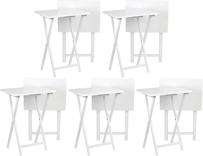 PJ Wood Conventional Solid and Sturdy Wood Construction Portable Folding TV Snack Tray Table Desk Serving Stand, White (10-Piece Set)