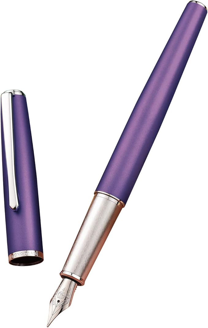 Hongdian 920 Purple Metal Fountain Pen Medium Nib Classic Pen, Includes Refillable Converter and Pen Pouch