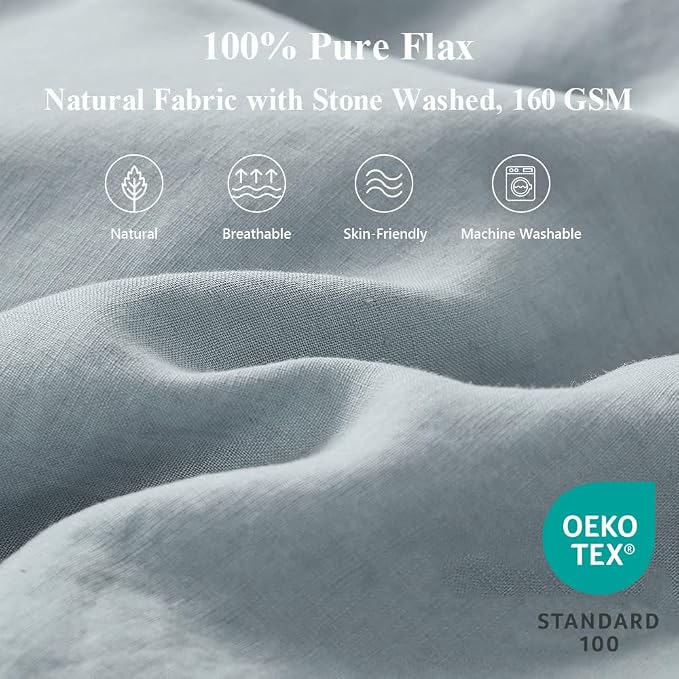 Simple&Opulence 100% Linen Duvet Cover Set 3pcs with Bowknot Ties Closure Natural French Washed Flax Solid Color Soft Breathable Farmhouse Bedding - Dusty Blue, King Size