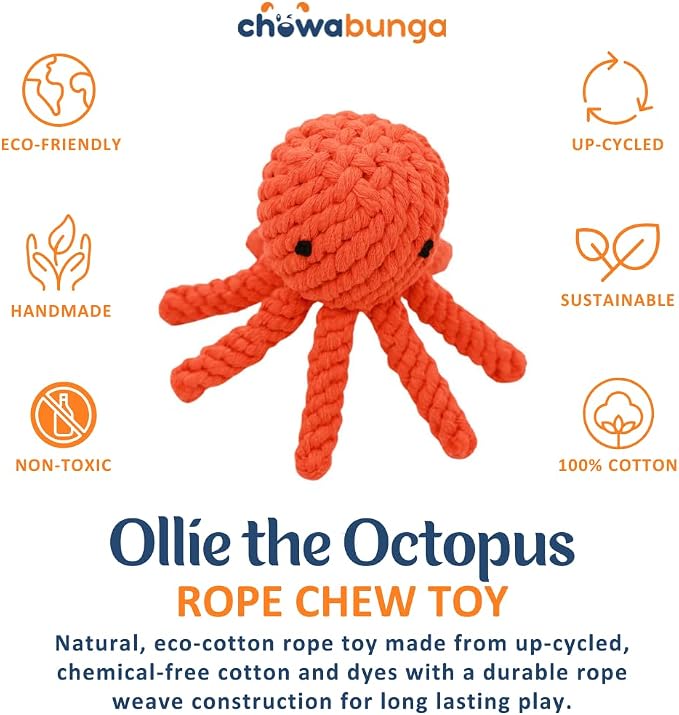 Ollie the Octopus Dog Toy Tough Handmade Eco Cotton Rope Dog Toy Octopus Durable with Natural Non Toxic Dyes - Dog Octopus Toy Aggressive Chewers for Small Dogs, Puppy Toys (Orange, Large)