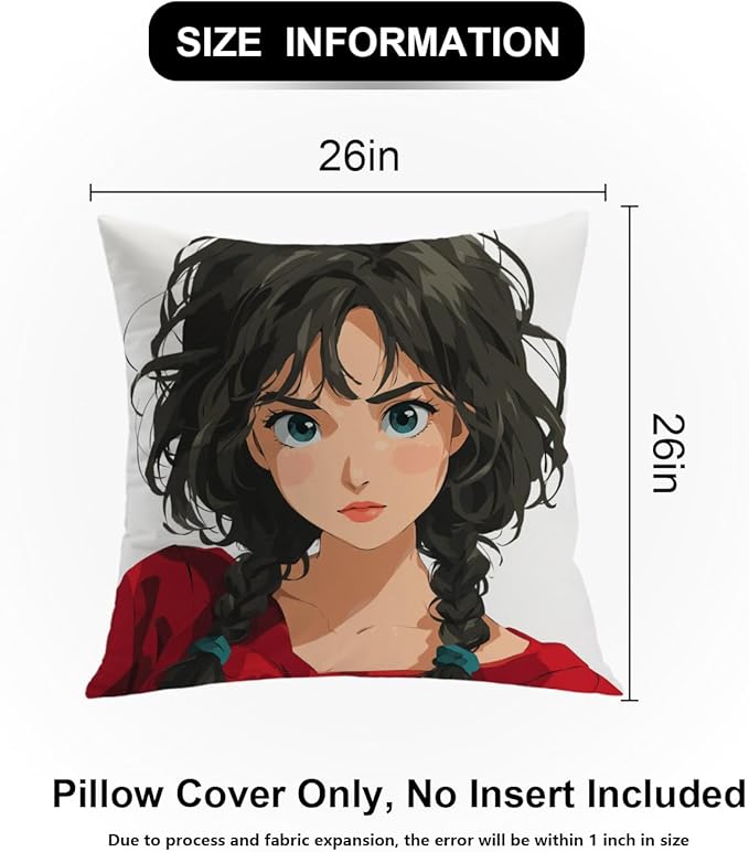 Shrahala Animated Youthful Decorative Throw Pillow Cover, Braided Hair Vivid Eyes Square Pillowcase Blended Double-Sided No Inserts for Bedroom Living Room Set of 2 (26 X 26 in)