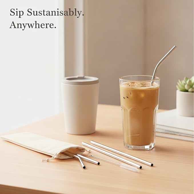 Reusable Stainless Steel Straw Set with Cleaning Brushes & Travel Pouch - 7 Piece Eco-Friendly Kit