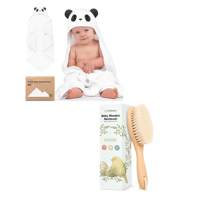 KeaBabies Baby Hooded Towel and Baby Hair Brush - Soft Bath Towels with Hood for Kids and Infant, Wooden Hairbrush with Soft Goat Bristles for Cradle Caps