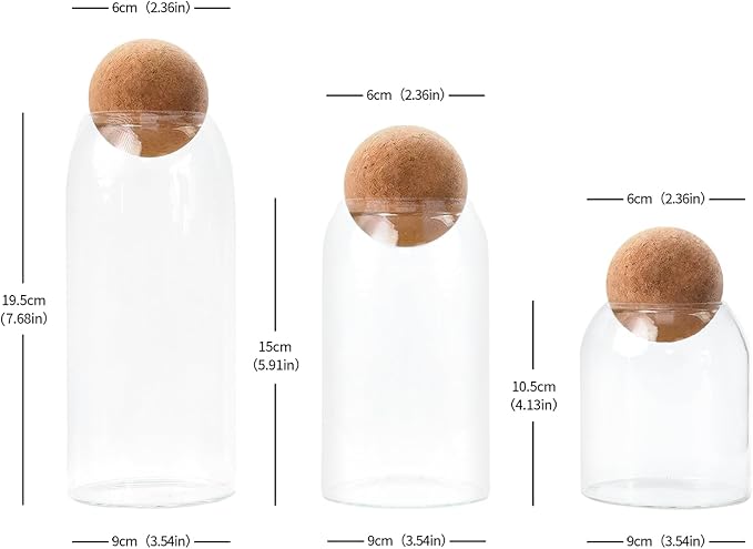 Glass Jars with Cork Ball - Glass Tea Coffee Sugar Canisters - Cereal Storage Containers - Tea Sugar and Coffee Containers Set - Set of 3 Clear Glass Jars with Lids(300ml/10Oz,500ml/17Oz,800ml/27Oz)