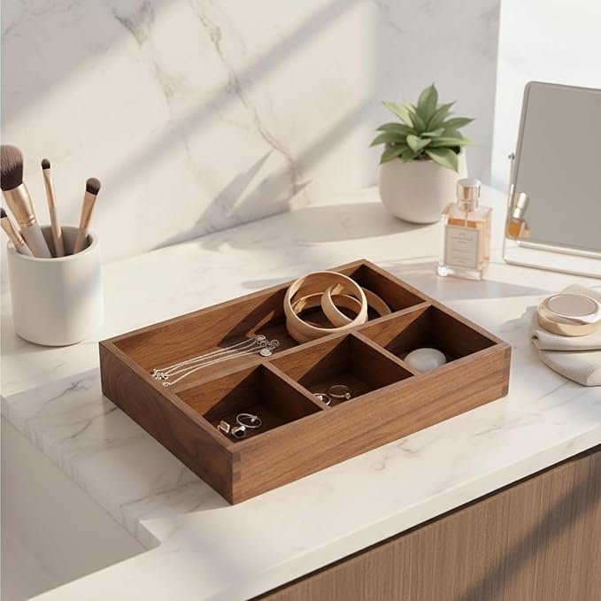 Solid Black Walnut Wood Desk Organizer Tray for Office, Entryway, and Home Storage