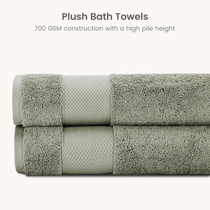 BIOWEAVES 100% Organic Cotton 700 GSM Plush Luxury Bath Towels for Bathroom 30" x 58" GOTS Certified - Sage, Pack of 2