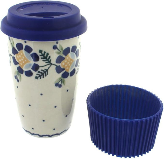 Blue Rose Polish Pottery - Yellow Sunflower Travel Coffee Mug - 12 oz - Mug for On-The-Go, Fits Most Car Cup Holders