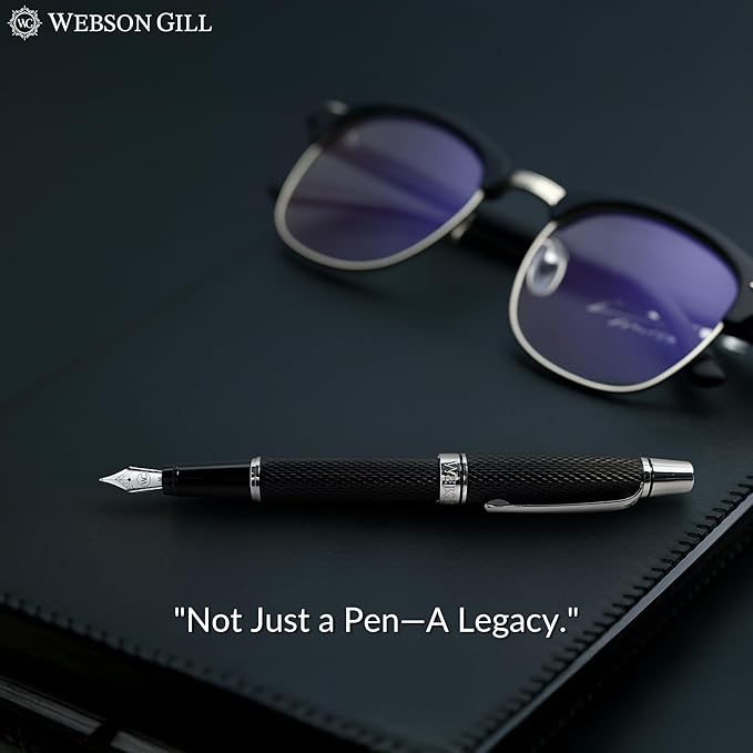 'Show Up' Black Luxury Executive Fountain Pen, Woven Polished Lacquer, Chrome Accents, Stainless Steel Nib, Easy Refill Ink Piston Converter, Smudge Free No Bleed, Fits Instant Insert Ink Cartridges