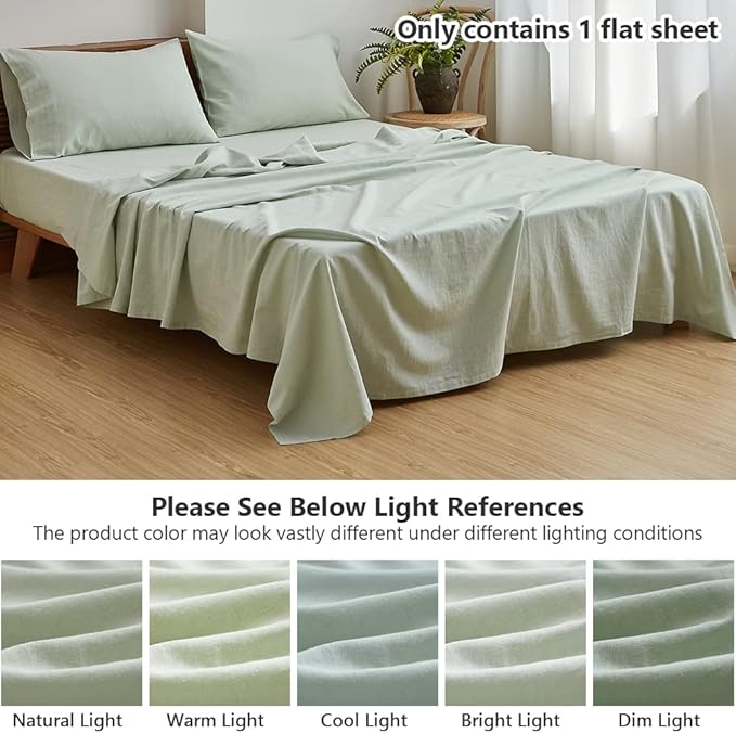 BISELINA Linen Sheet French Flax Flat Sheet Only 55% Euro Linen 45% Cotton Basic Style Solid Color Soft Breathable Farmhouse Top Sheet 1-Piece (Queen, Mint Green)