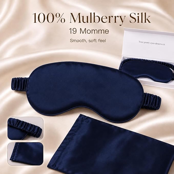 Silk Sleep Mask Light Blocking Luxury 100% Mulberry 19mm Silk Eye Mask Eye Cover Blindfold Ultra Soft Light & Comfy Anti Aging Skin Care with Travel Bag Gift Package